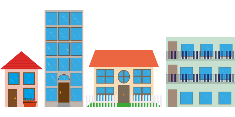 Drawing of four homes and apartment buildings