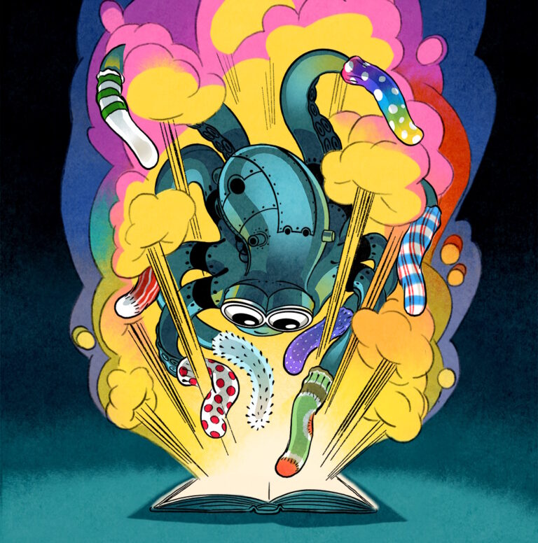 Graphic of a robotic octopus reading a text for the UVM SOCKS program