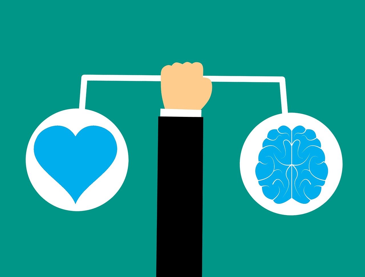 Graphic with a hand holding a bar with heart an illustration of a heart on one side and a brain on the other.