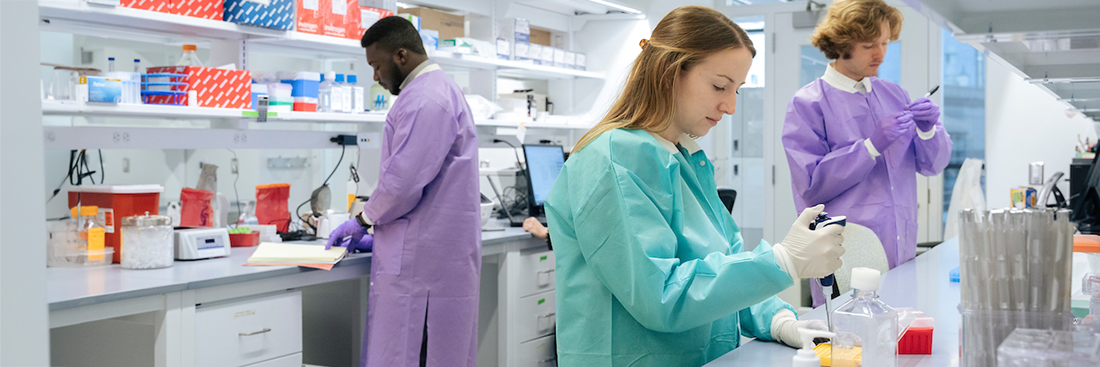 Three researchers working in a lab